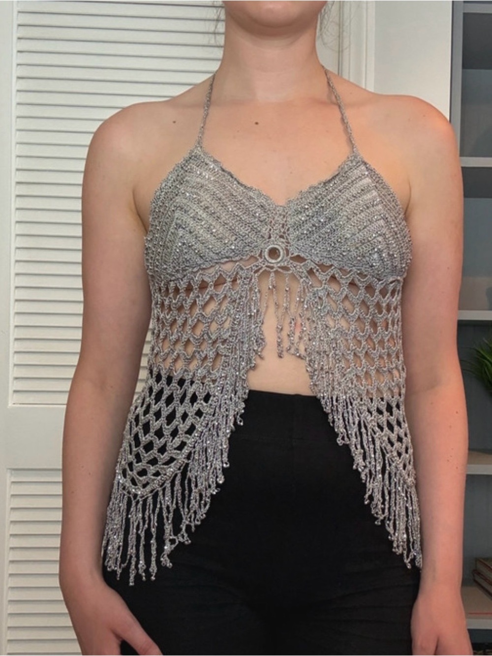 Silver Beaded Crochet Halter Top Festival Concert Party Y2K Going Out